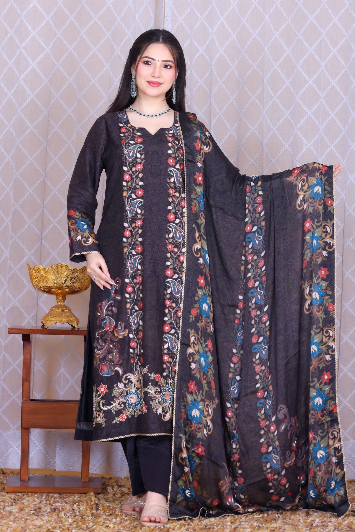 Nishat Black Paisley Unstitched Crepe Set - Label Tu Hai