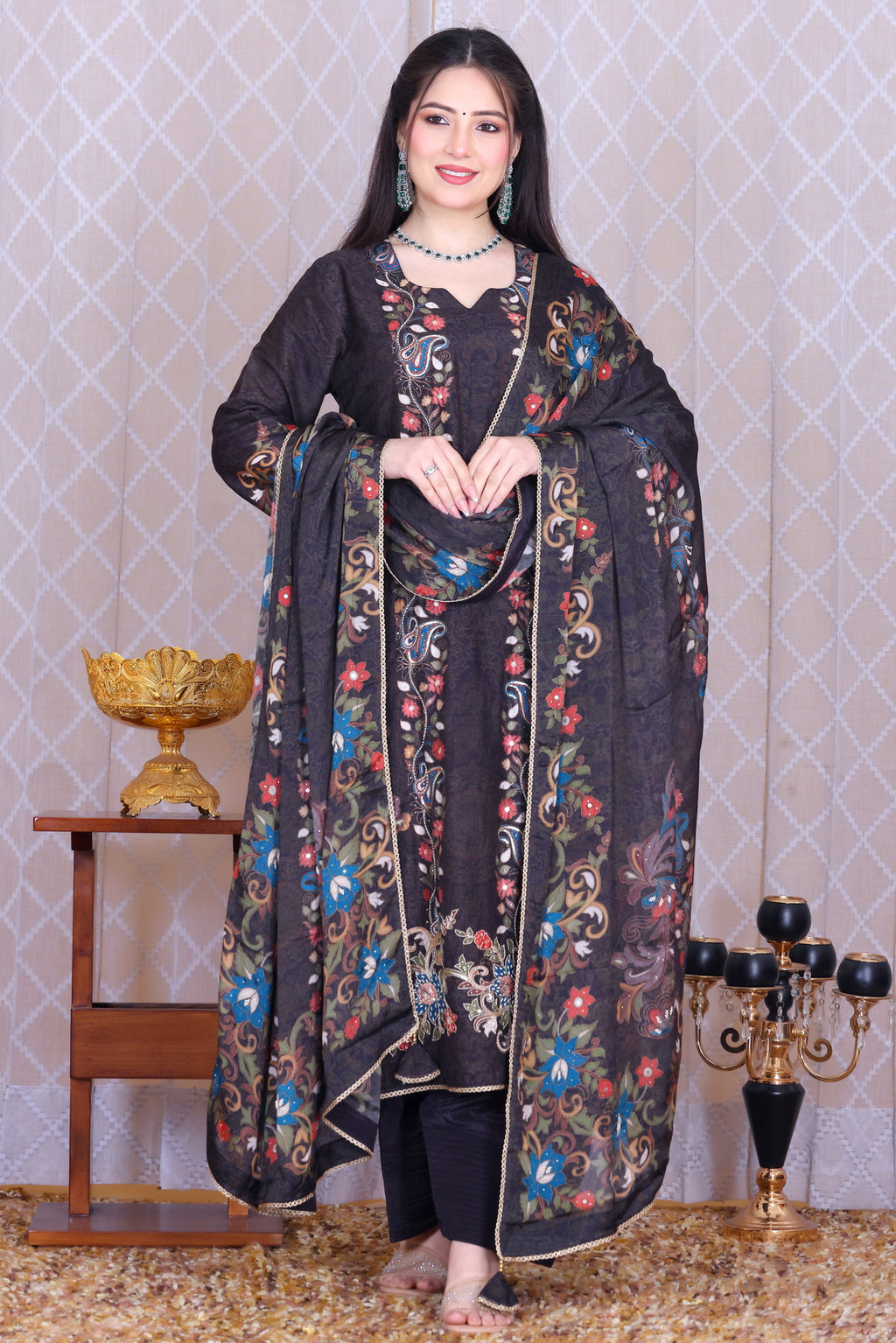 Nishat Black Paisley Unstitched Crepe Set - Label Tu Hai