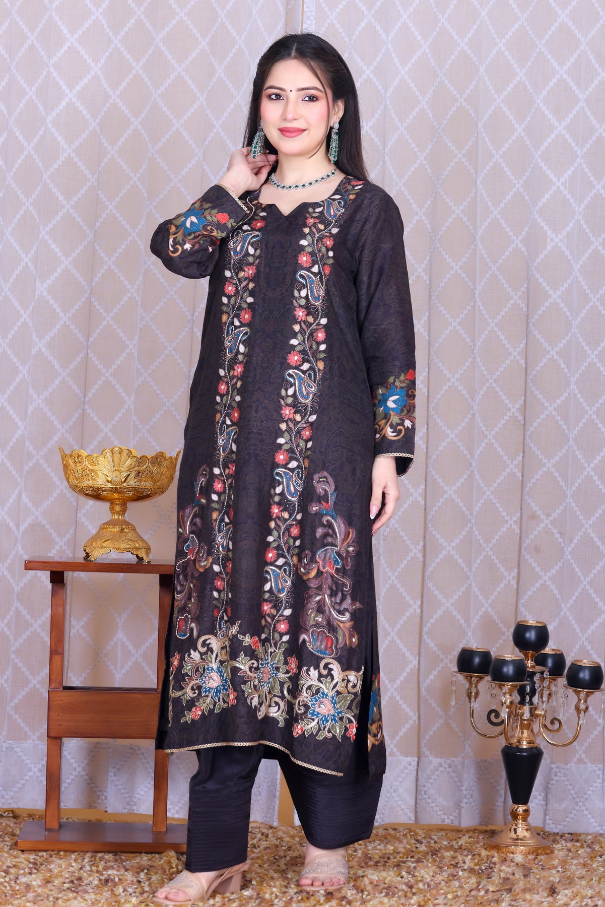 Nishat Black Paisley Unstitched Crepe Set - Label Tu Hai