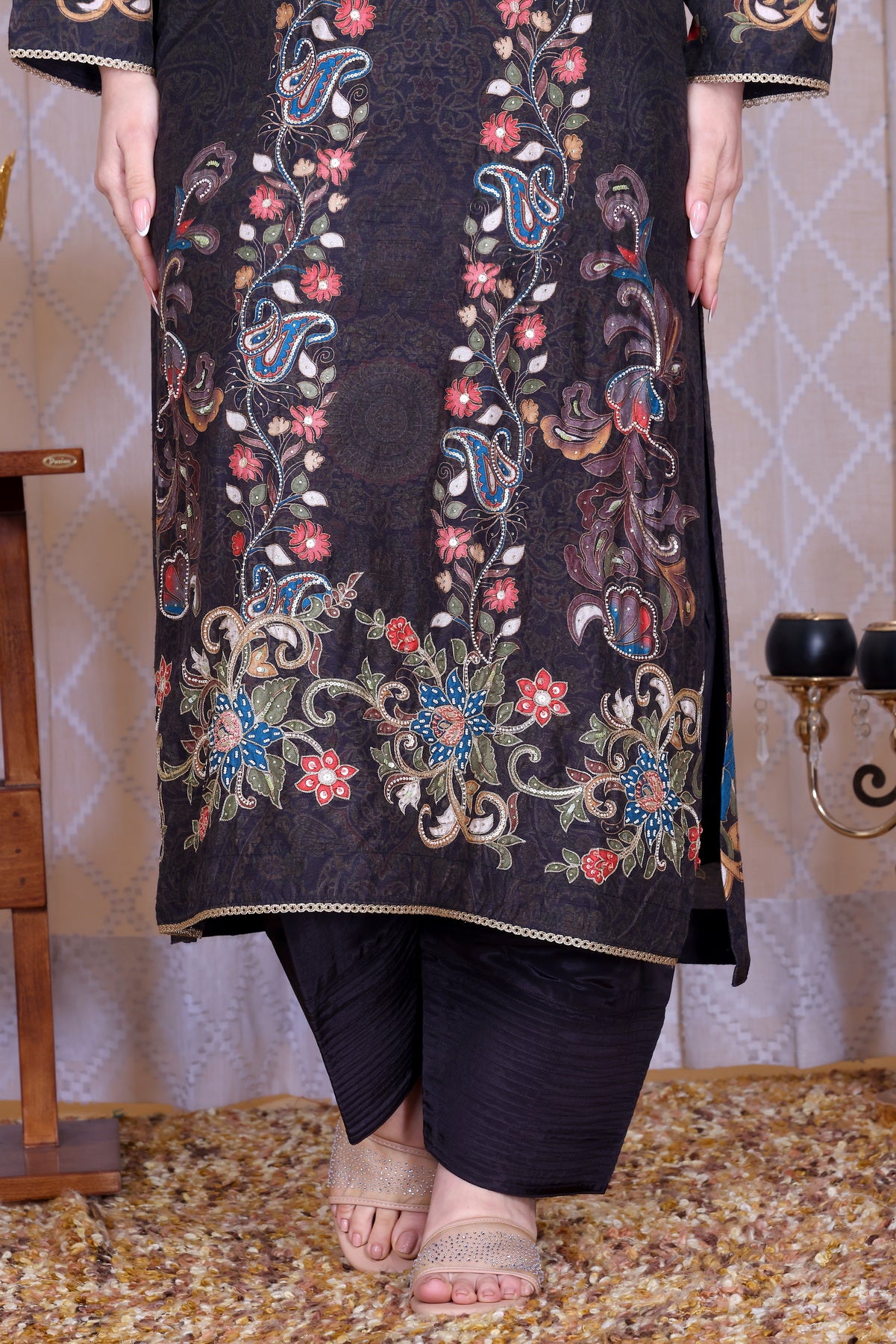 Nishat Black Paisley Unstitched Crepe Set - Label Tu Hai