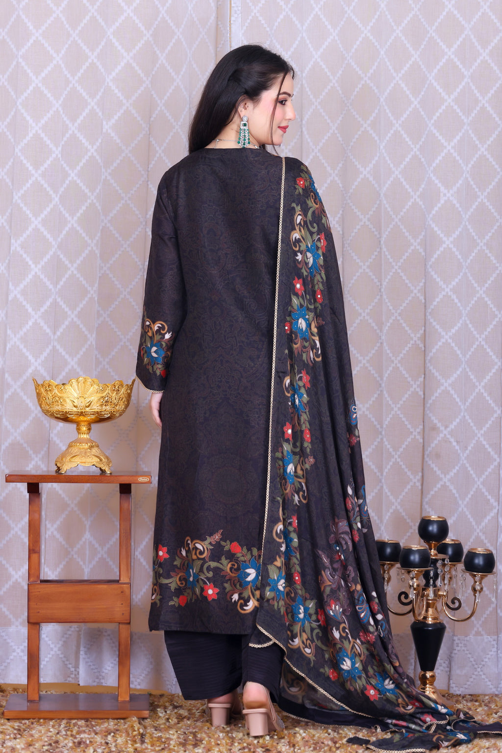 Nishat Black Paisley Unstitched Crepe Set - Label Tu Hai