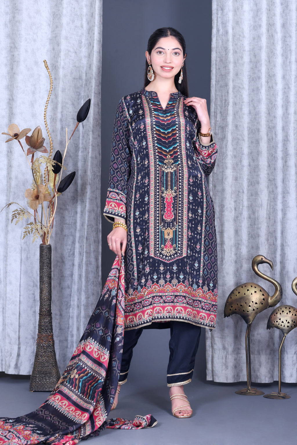 Roop Indigo Geometric Unstitched Crepe Set - Label Tu Hai