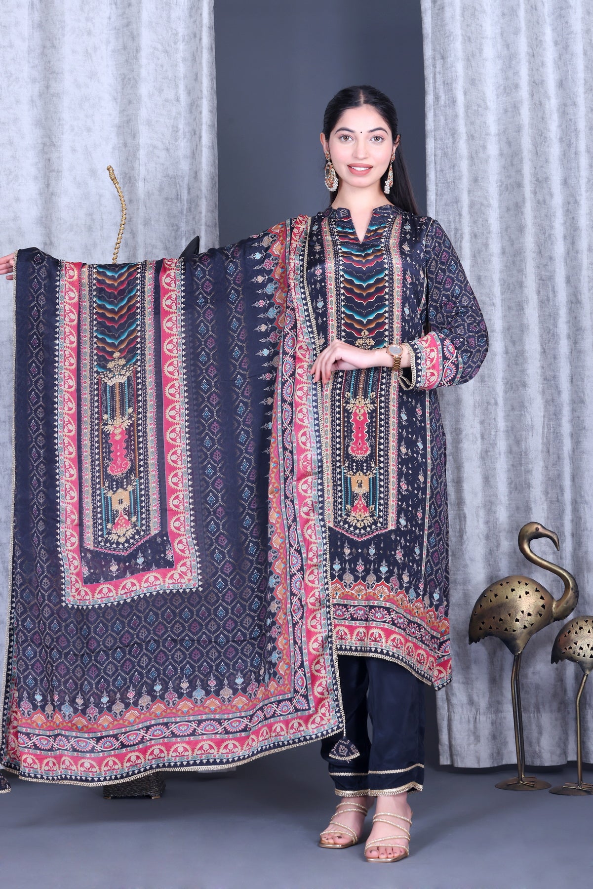 Roop Indigo Geometric Unstitched Crepe Set - Label Tu Hai