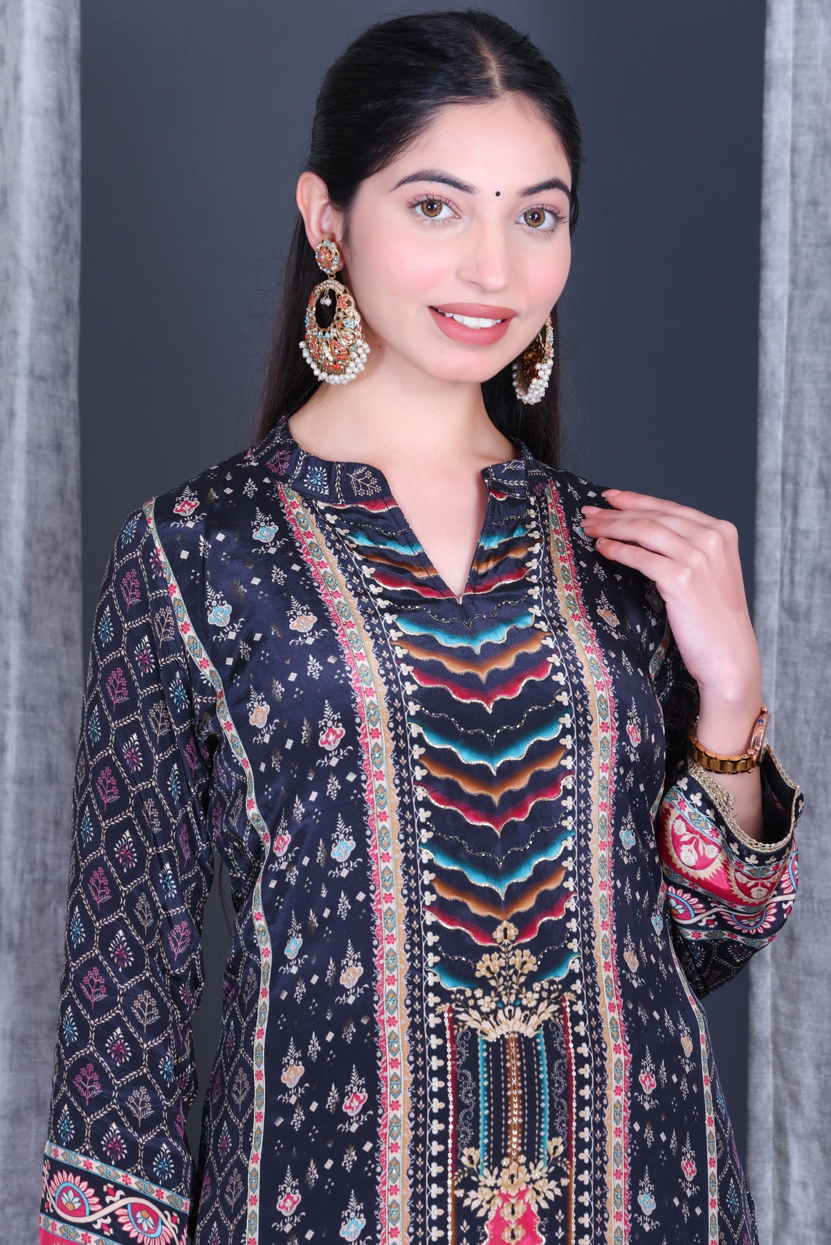 Roop Indigo Geometric Unstitched Crepe Set - Label Tu Hai