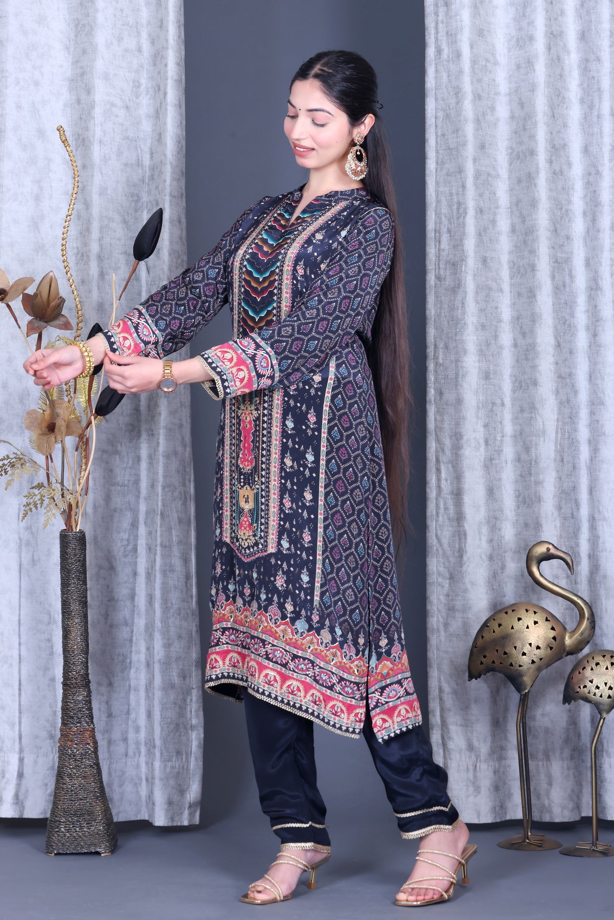 Roop Indigo Geometric Unstitched Crepe Set - Label Tu Hai