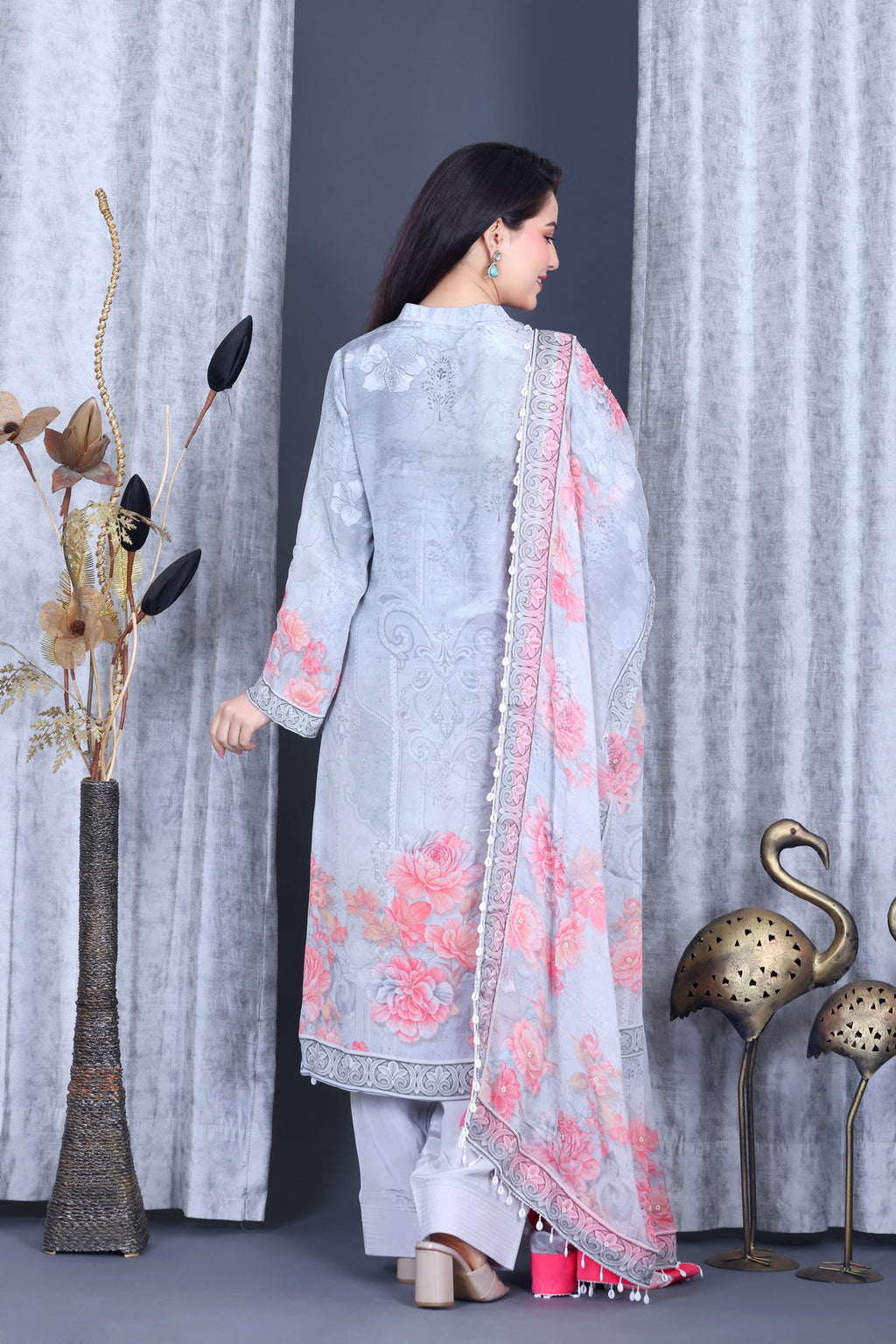 Zariya Silver Rose Unstitched Crepe Set - Label Tu Hai