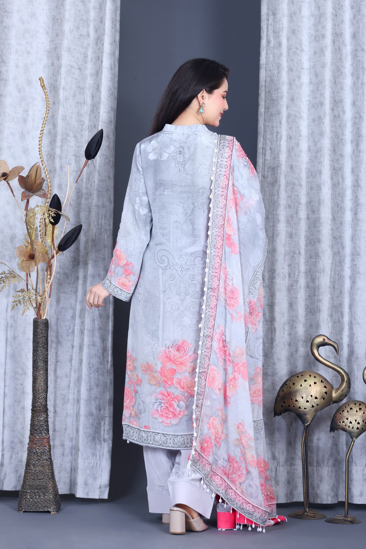 Zariya Silver Rose Unstitched Crepe Set - Label Tu Hai