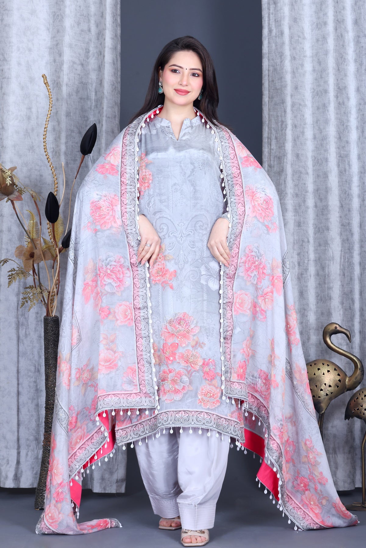 Zariya Silver Rose Unstitched Crepe Set - Label Tu Hai