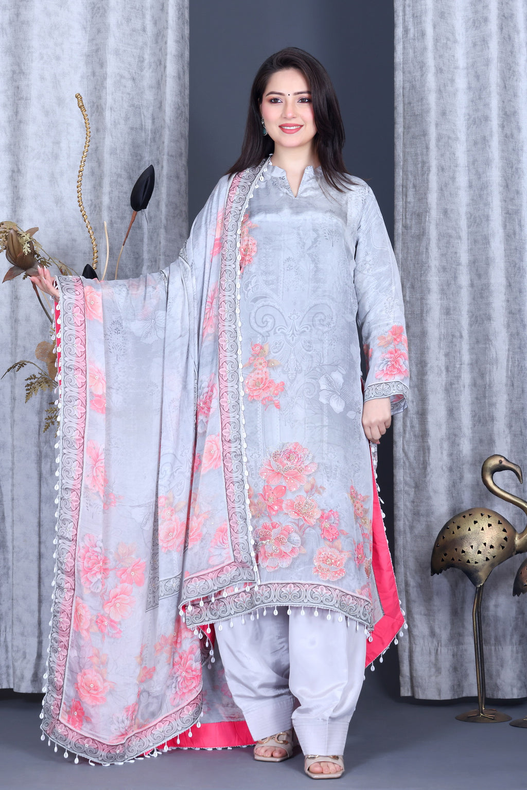 Zariya Silver Rose Unstitched Crepe Set - Label Tu Hai