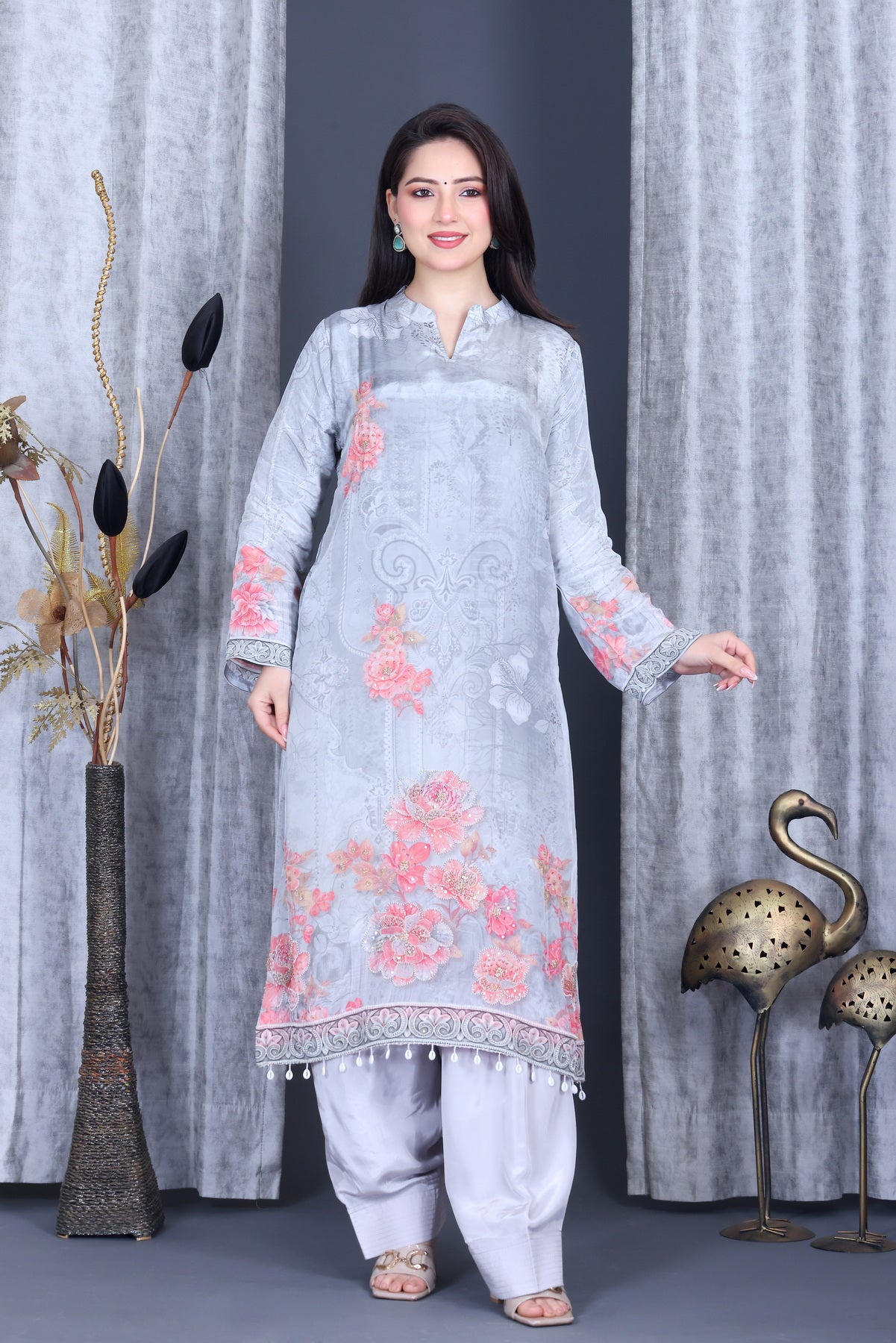 Zariya Silver Rose Unstitched Crepe Set - Label Tu Hai