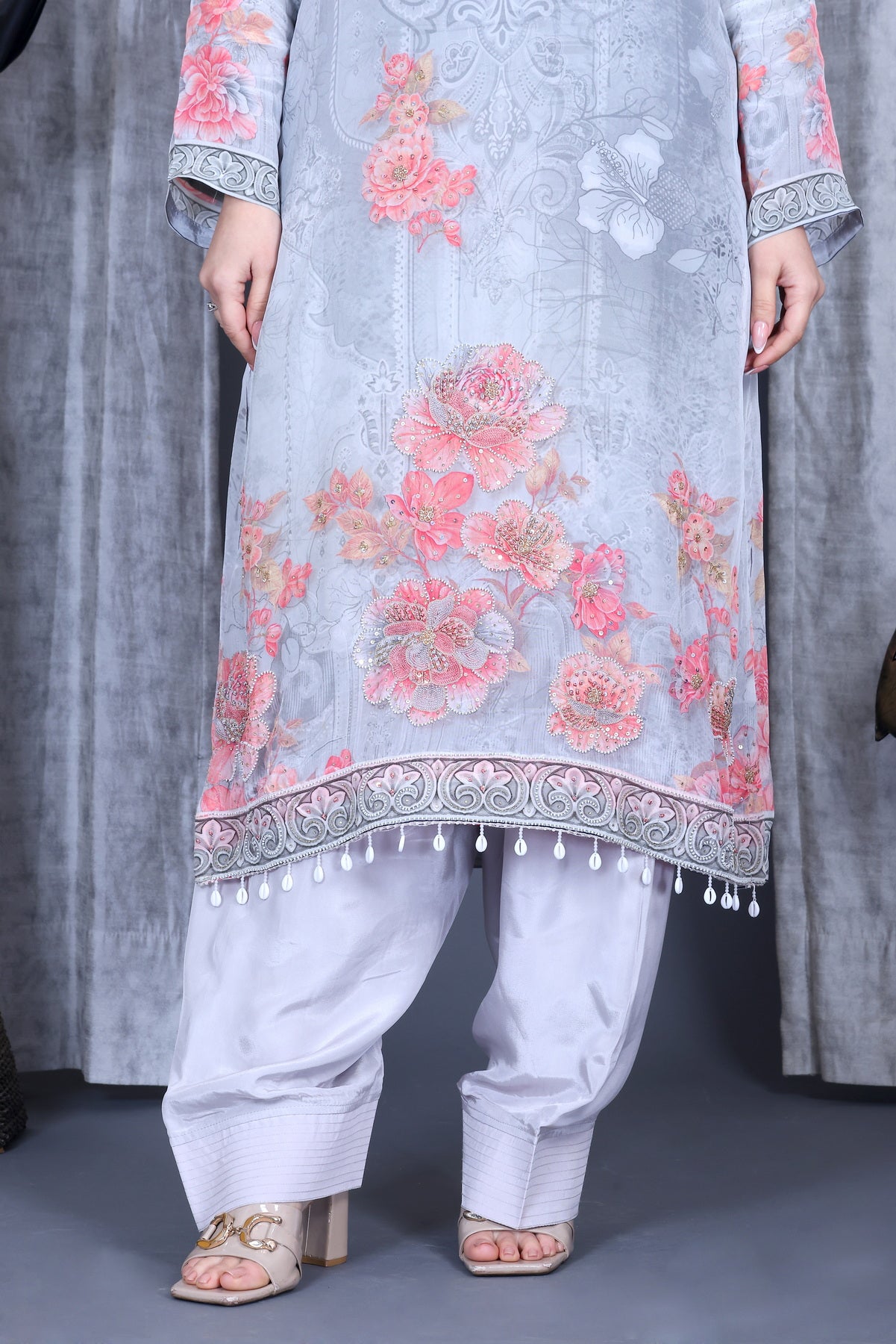 Zariya Silver Rose Unstitched Crepe Set - Label Tu Hai