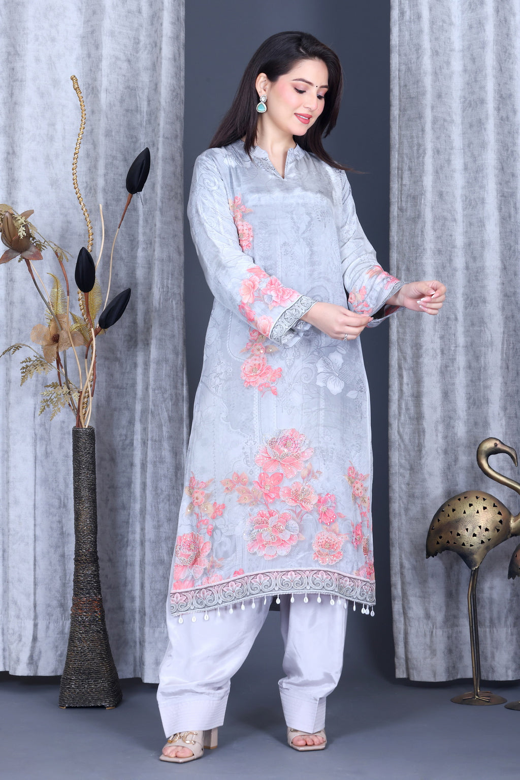 Zariya Silver Rose Unstitched Crepe Set - Label Tu Hai