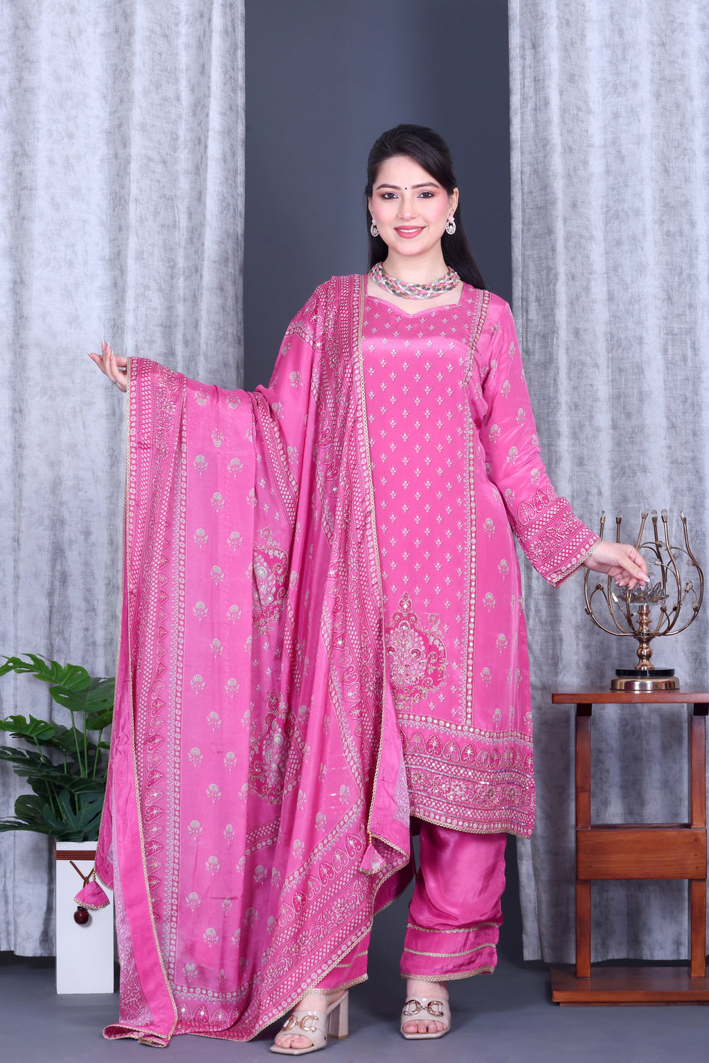 Gulzar Pink Unstitched Crepe Set - Label Tu Hai